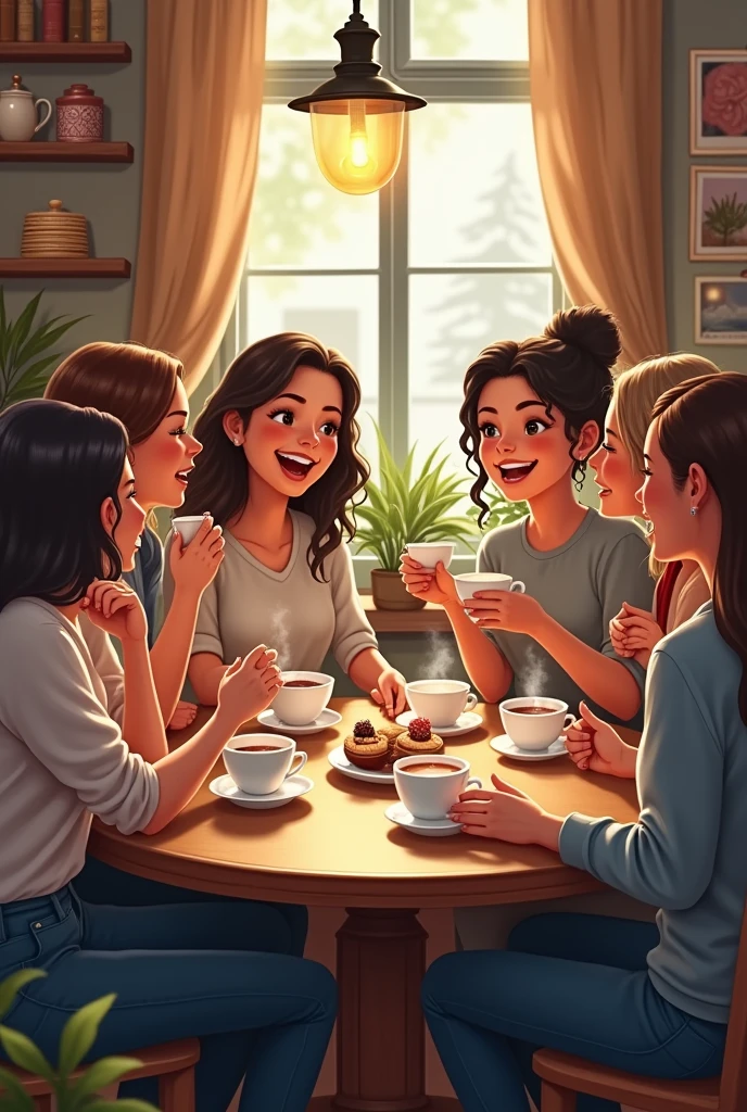 Create image of me and my friends. We are eating together.We are girls 

One friend is short in height and she have short hair looking blood
Iam a tall person and have long hair 
Other friend is medium in height and wear hijab 

 