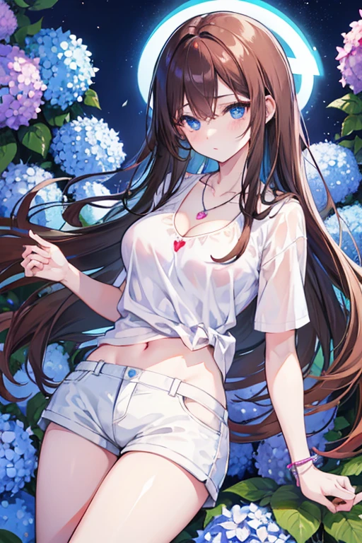 4K, June scenery, Beautiful woman, Long Hair, Brown Hair, Medium chest, blue eyes, White shirt, hot pants, Neon Red Heart Necklace, View your viewers, night, Multicolored hydrangea