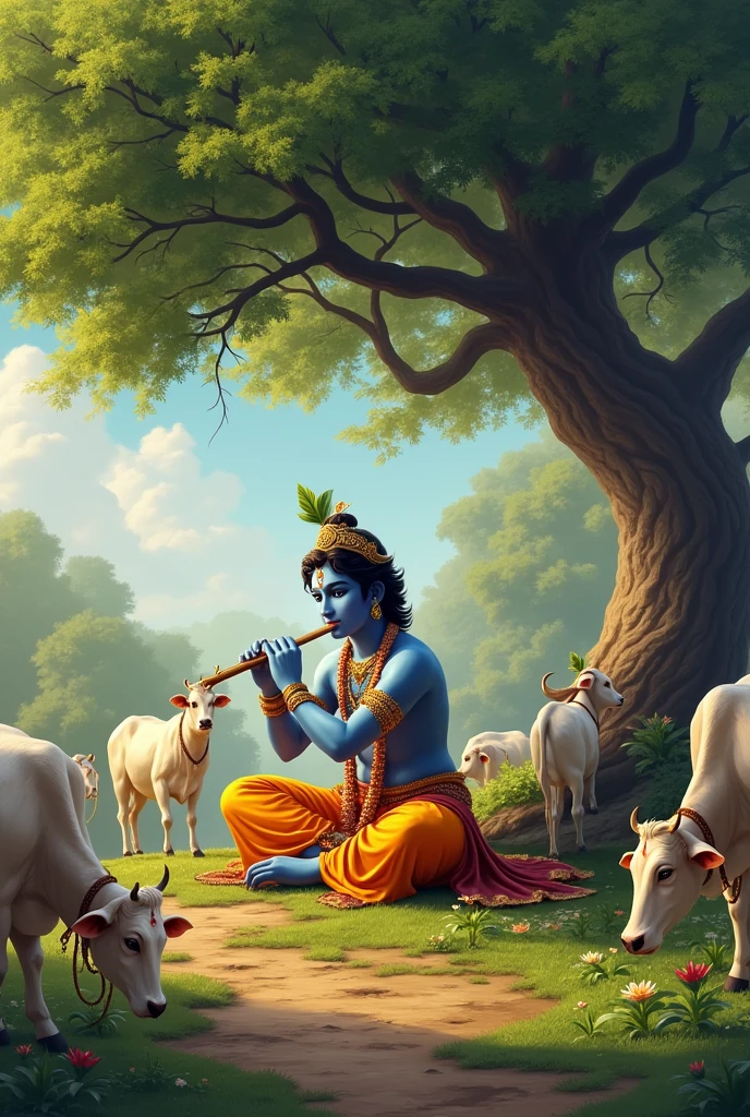 Krishna ji playing flute while sitting in the ground under the tree and 7 cows are grazing arround him.