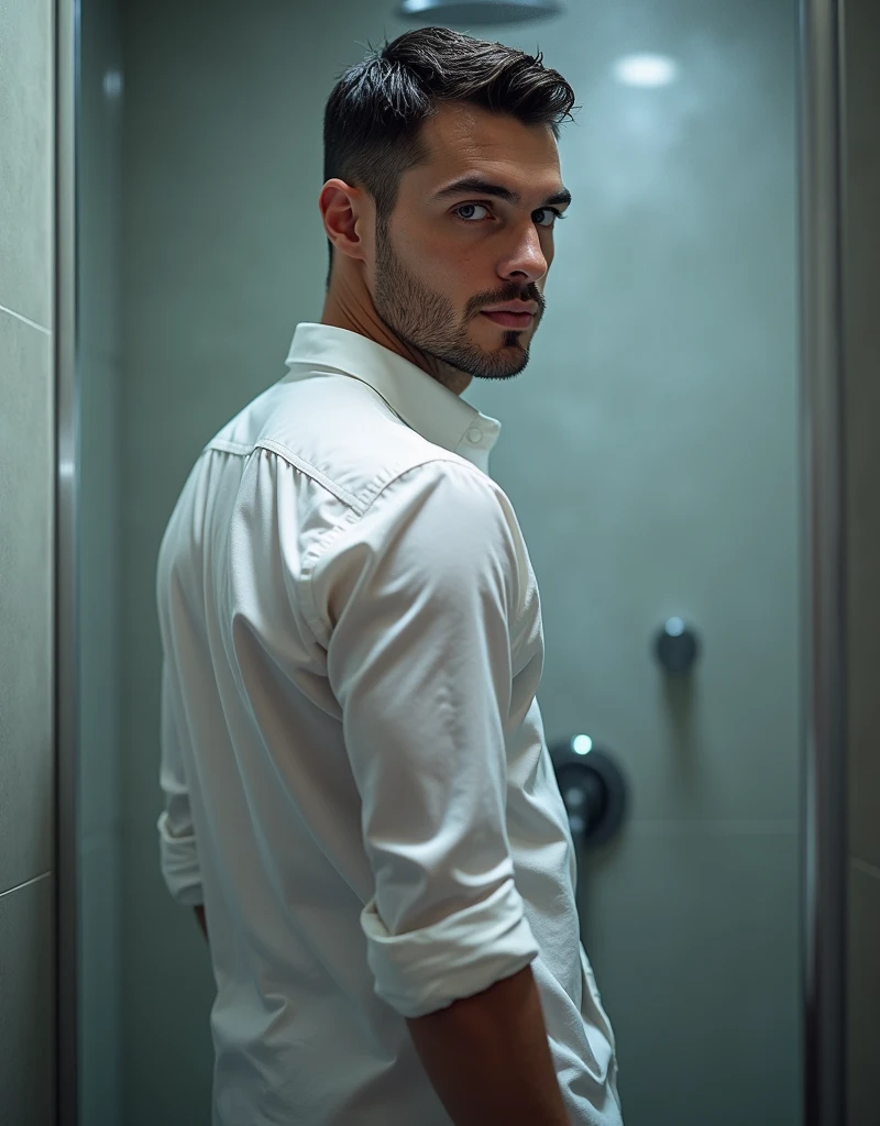 A white man, at 3, model type, with short dark hair, with blue eyes, wearing white shirt , from sideways,  and showing her ass in the shower