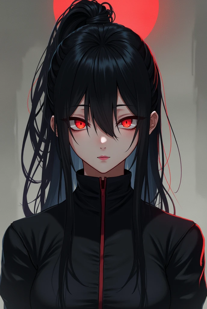 Chico,high, long hair like suguru geto tied up, clear skin, SERIOUS LOOK,Red eyes, anime