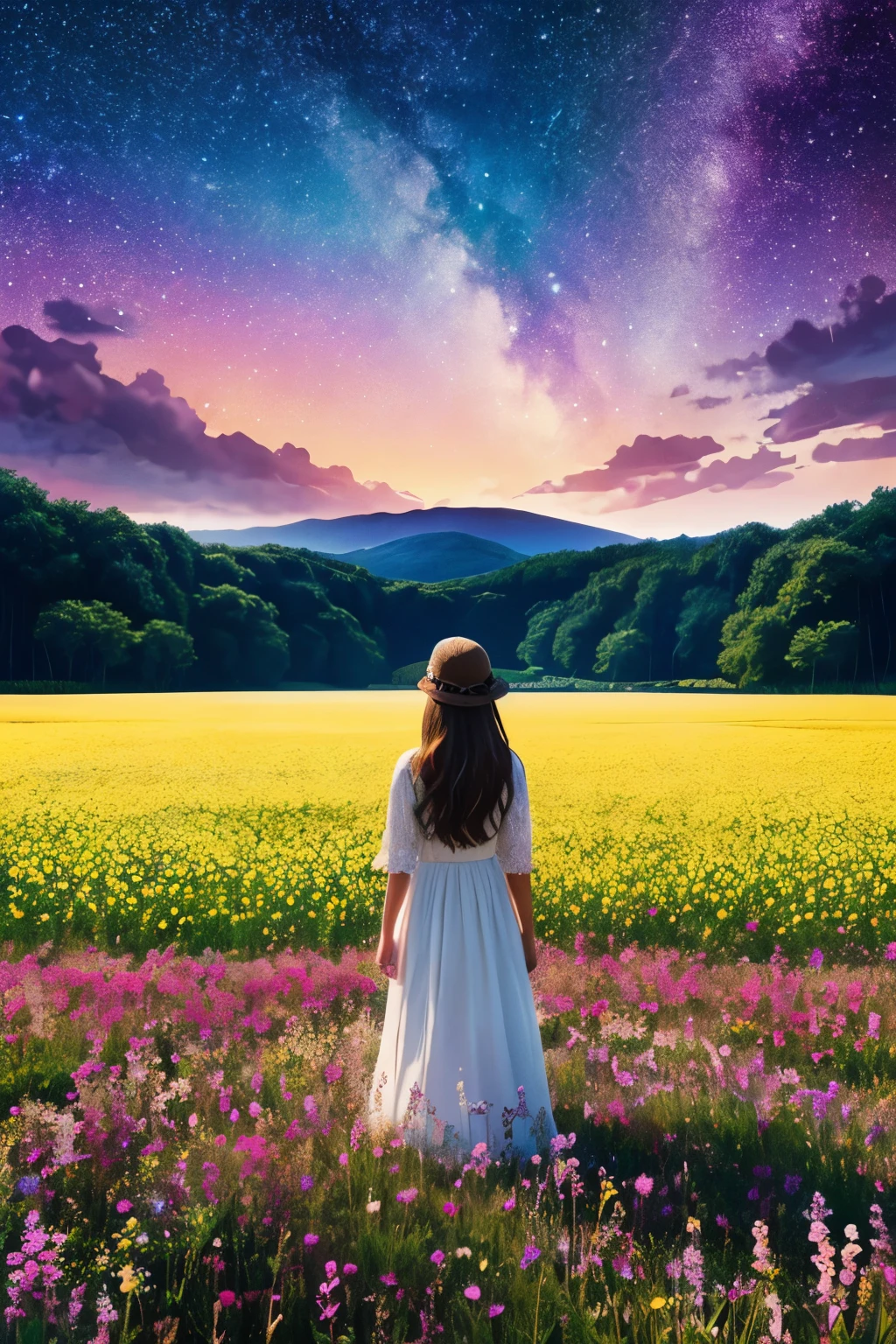 There is a girl standing in a flower field looking up at the sky, a girl standing in a flower field, a girl walking in a flower field, lost in a dreamy wonderland, standing in a flower field, fantastic digital painting, the sky gradually clears, the starry sky gradually recedes  