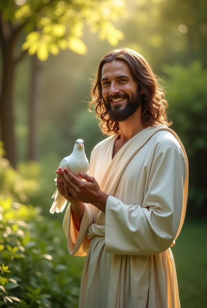 In a serene garden, Jesus stands facing forward, smiling as he holds a pure white dove. The hyper-HD quality captures the intricate details of the dove's feathers and the gentle joy on Jesus’s face, bathed in soft sunlight."