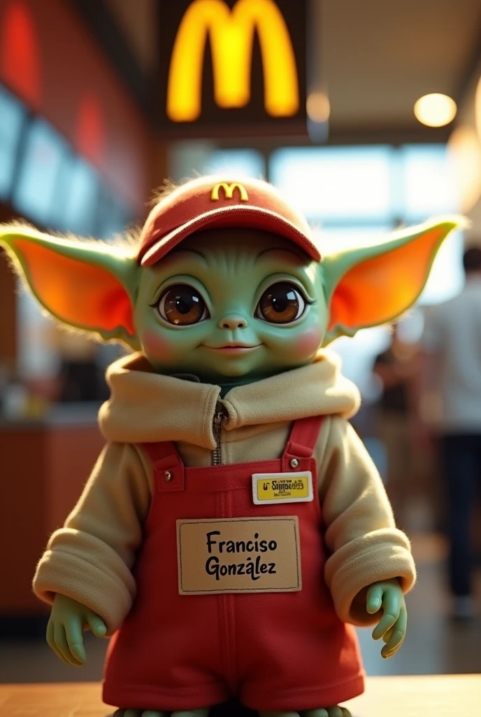 Baby Yoda dressed as a McDonald&#39;s employee with a nametag that says Francisco González 
