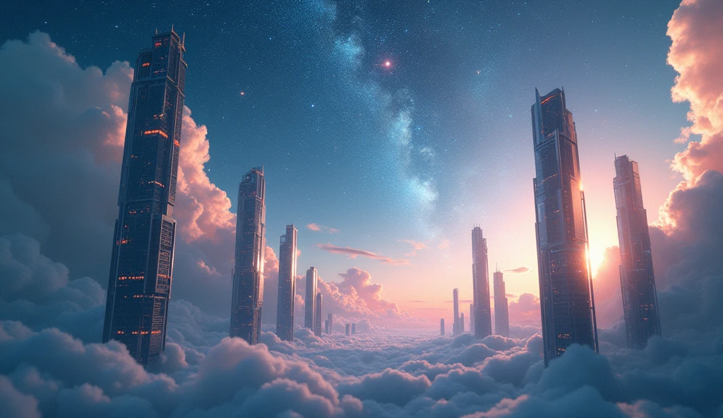 Star-filled sky, Fusion with a futuristic cyber city, Skyscrapers and clouds become one, Fantasy, The magnificent beauty of the future. Attention to detail. Cinematic, masterpiece.