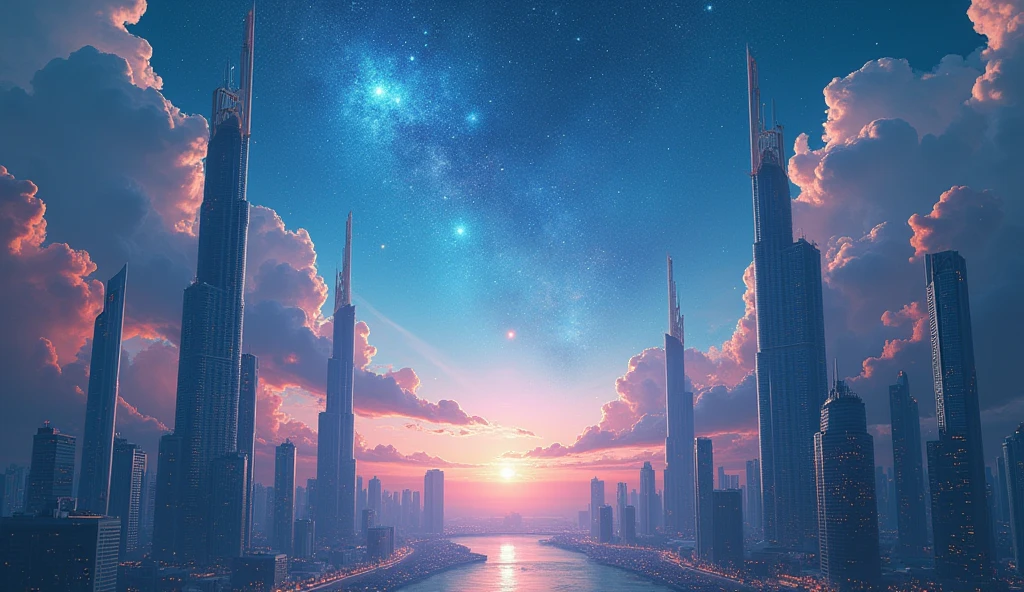 Star-filled sky, Fusion with a futuristic cyber city, Skyscrapers and clouds become one, Fantasy, The magnificent beauty of the future. Attention to detail. Cinematic, masterpiece.