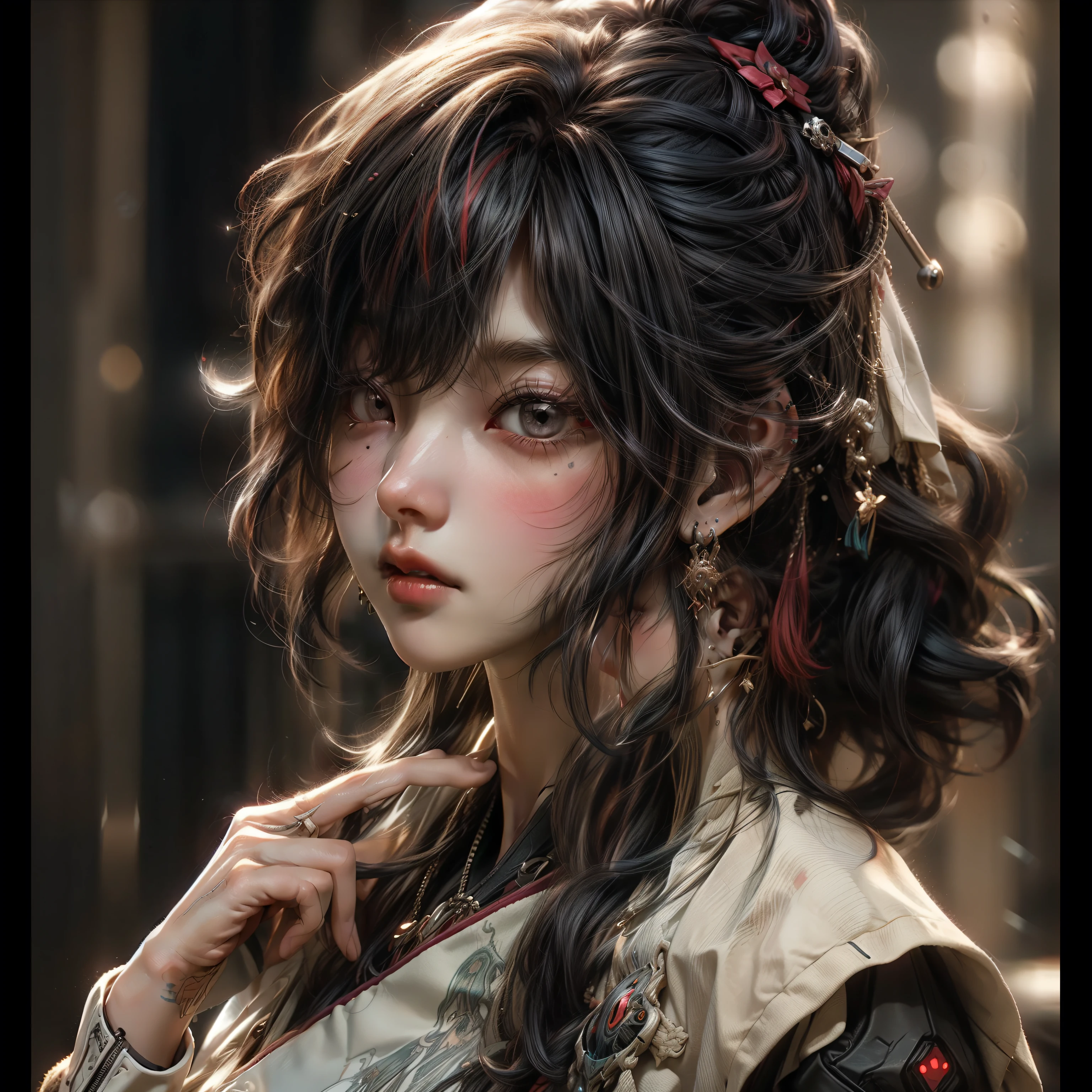 (best quality)), ((Masterpiece)), (details:1.4), 3d, HDR (high dynamic range), an image of a beautiful cyberpunk female, Hips up, cyberpunk, Red hair, Curtain Bangs, beautiful Red eyes, จมูกโด่ง, ปากแดง, หน้าอกใหญ่, nvidia RTX, PBR surface, After processing, Anisotropic filtration,depth of field, Maximum clarity and clarity, multi-layered surface, Subsurface scattering, perfect proportions, 8K raw files, ultra detailed, Perfect proportions, volumetric lighting, soft lighting, Holy Paladin, Heavy Black Armor, glossy skin, Chapel background, jewely, ต่างหู, นิ้วมือสมบูรณ์,