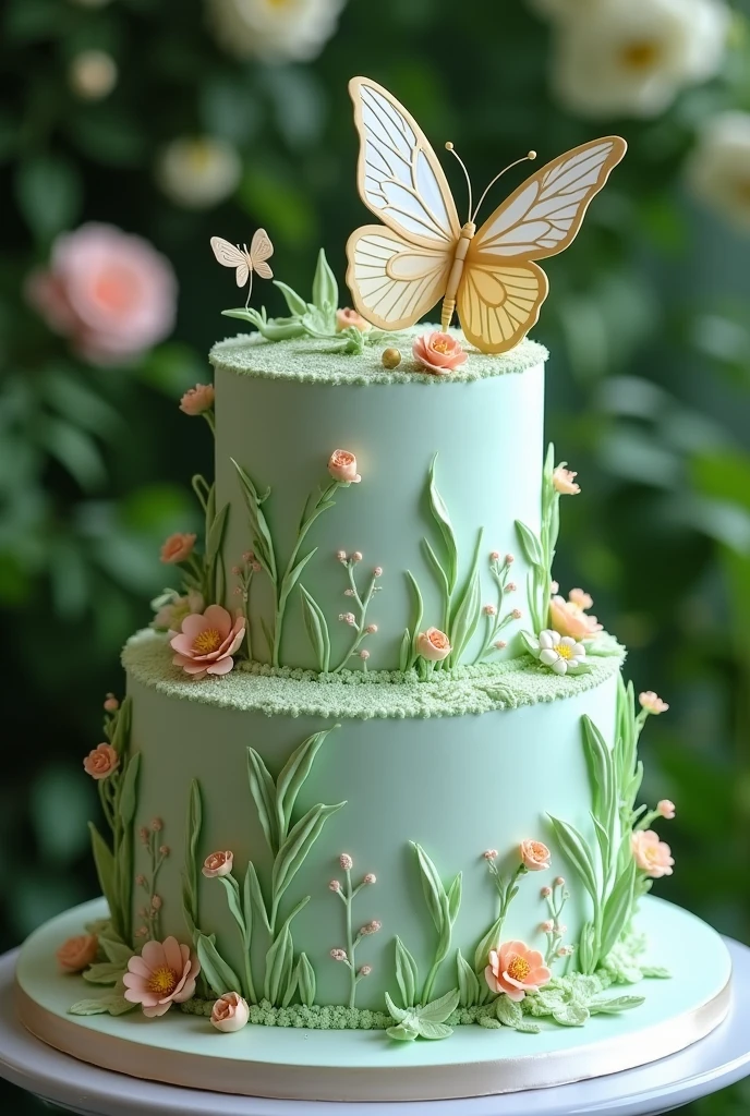 Can you make a 2 tier sage green debut cake and make it like a fairy cake with flowers, butterfly,garden design and aesthetic
