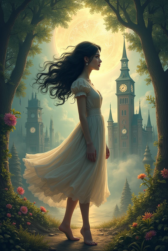 Female protagonist, Black wavy hair with a dress . A clock in the background, a triangle symbol, and three universes: A forest of tales , An old mansion and the modern city.