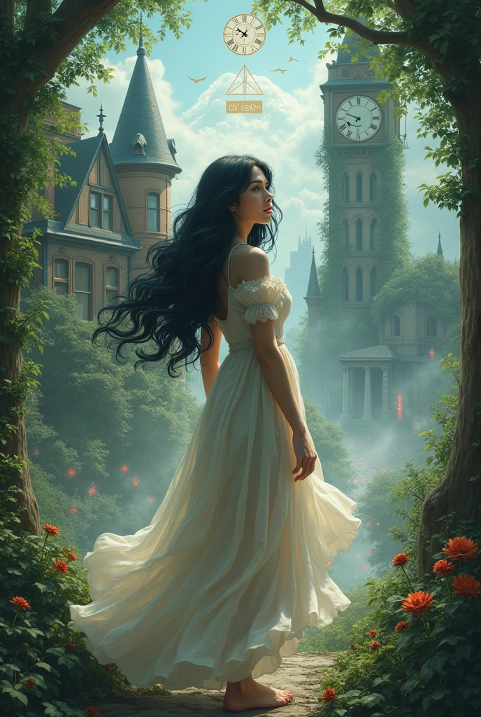 Female protagonist, Black wavy hair with a dress . A clock in the background, a triangle symbol, and three universes: A forest of tales , An old mansion and the modern city.