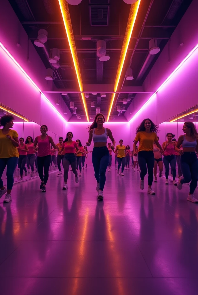 Wide Zumba hall with purple walls , front wall with mirror and yellow LED lights around the zumba hall