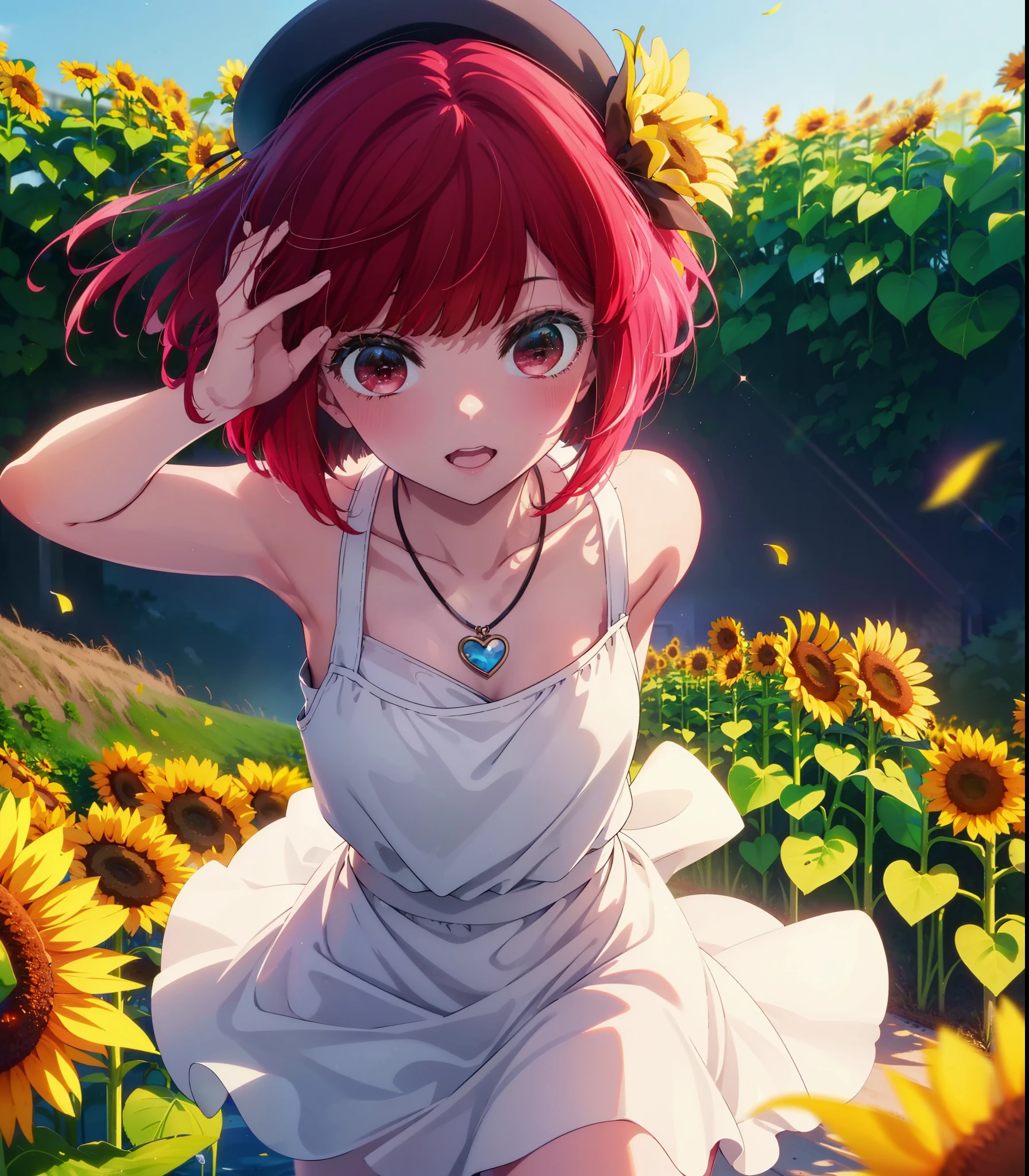 canary, Arima etc., short hair, bangs, (Red eyes:1.3), Redhead, Bobcut, smile,Open your mouth,Tank top,mini skirt,Cute heeled sandals,Heart Necklace,Are standing,Daytime,Clear skies,True Summer,Beret with ribbon,whole bodyがイラストに入るように,
break outdoors,Sunflower field,
break looking at viewer, whole body,
break (masterpiece:1.2), Highest quality, High resolution, unity 8k wallpaper, (figure:0.8), (Beautiful attention to detail:1.6), Highly detailed face, Perfect lighting, Highly detailed CG, (Perfect hands, Perfect ???????),