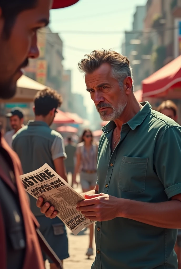 A man with a misleading advertising poster in his hand complaining to a seller