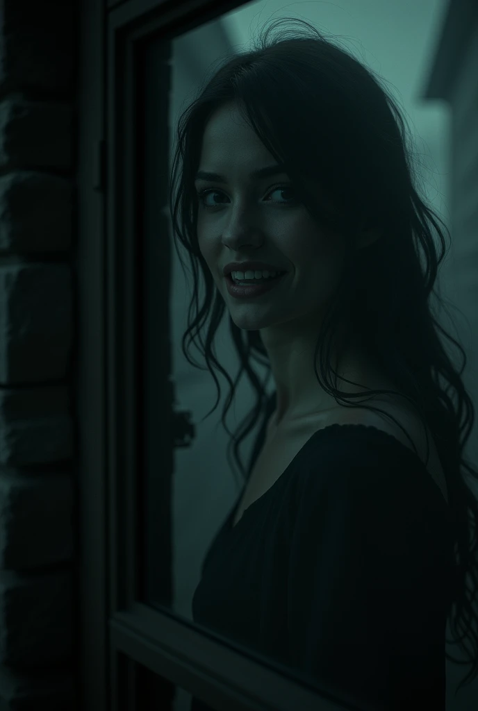 The final moment of darkness, with the woman’s reflection in the window being the only visible thing, smiling eerily.