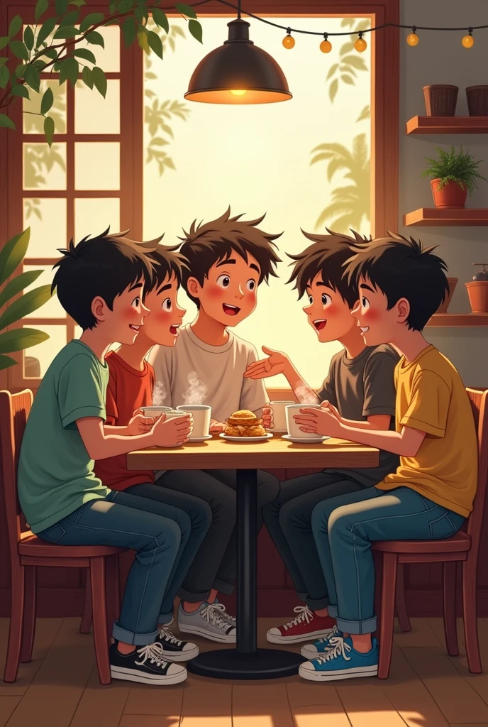 Six boys Friends eating tea with shop