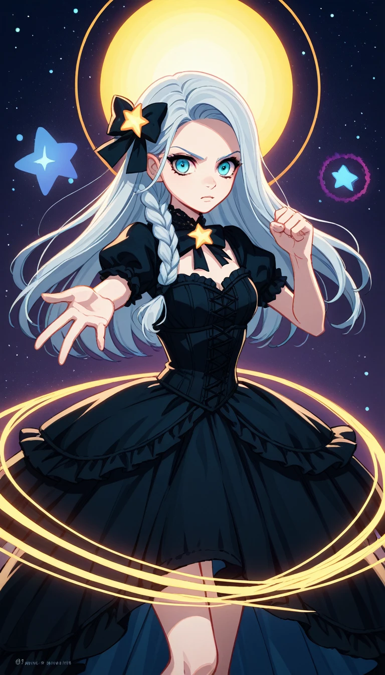score_9, score_8_up, score_7_up, score_6_up, score_5_up, score_4_up, BREAK source_anime, [source_anthro], rating_safe, [rating_explicit],

mesmerizing, fantastical, powerful woman, dressed in a gothic black corset dress, long silver hair, elaborate braids haircut, focused and determined gaze, dress with a large elegant dark bow, stands confidently, hand outstretched, BREAK 
vibrant glowing stars that float around her, trailing colorful light streaks through the air, 
shimmers hues background, magical and ethereal atmosphere, 
(fantastical gothic portrait), medium shot, neon and iridescent lighting, dynamic pose, (best quality), (high details), (glowing stars), (iridescent background)