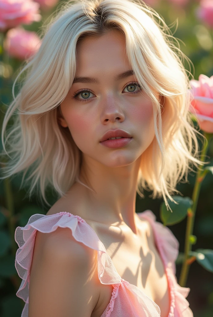 8k, RAW photo, Fujifilm, style photo of a beautiful young woman as avril in a garden of light pink roses (highly detailed skin: 1.2) Style-Petal BREAK short hair, blonde hair with colored locks, wearing a dress, film granulation, 35mm, cute style
