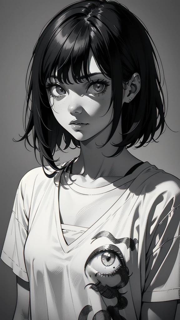 1 boyish girl, solo, sharp eyes, monochrome, greyscale, short black hair, portrait, T-shirt, closed mouth, looking at viewer, graphite \(medium\), detailed lips, hatching \(texture\), without makeup, bangs, upper body, (best illustration), (best quality), (very detailed), (masterpiece), expressionless,