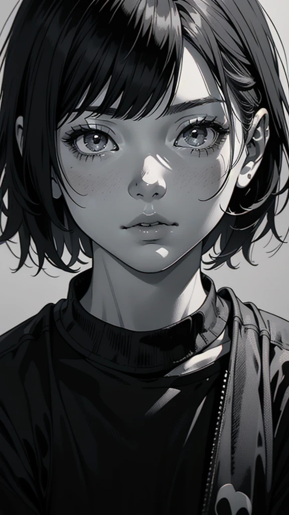 1 boyish girl, solo, sharp eyes, monochrome, greyscale, short black hair, portrait, T-shirt, closed mouth, looking at viewer, graphite \(medium\), detailed lips, hatching \(texture\), without makeup, bangs, upper body, (best illustration), (best quality), (very detailed), (masterpiece), expressionless,