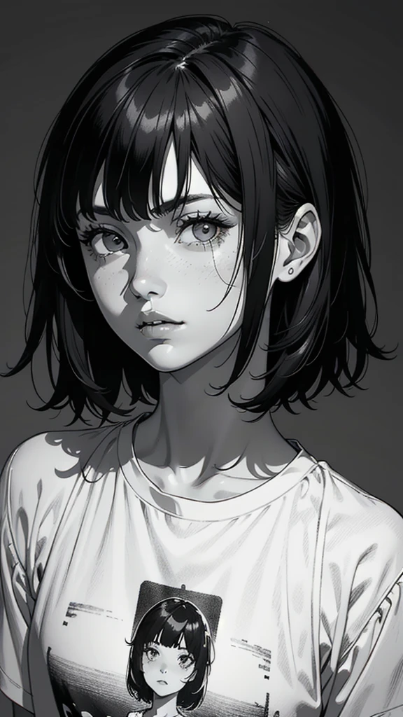 1 boyish girl, solo, sharp eyes, monochrome, greyscale, short black hair, portrait, T-shirt, closed mouth, looking at viewer, graphite \(medium\), detailed lips, hatching \(texture\), without makeup, bangs, upper body, (best illustration), (best quality), (very detailed), (masterpiece), expressionless,