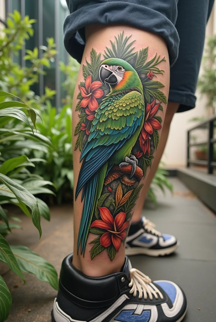 Dominica parrot in the jungle tattoo