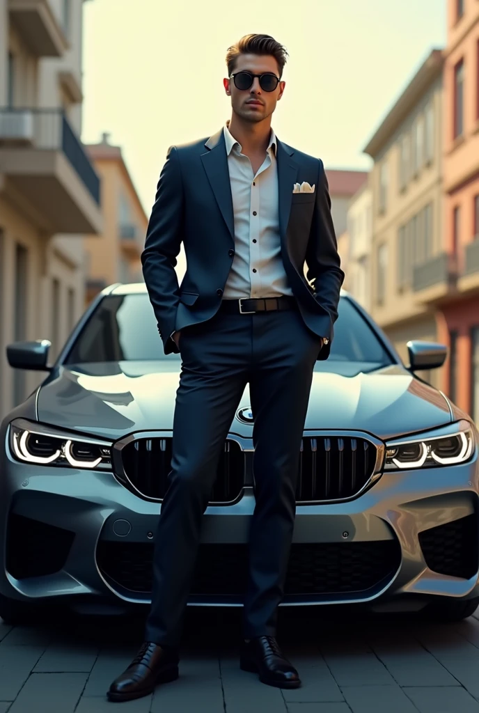 A guy standing with BMW car , vignette , animated