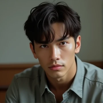 Handsome young man with brown hair, black eyes sitting serious