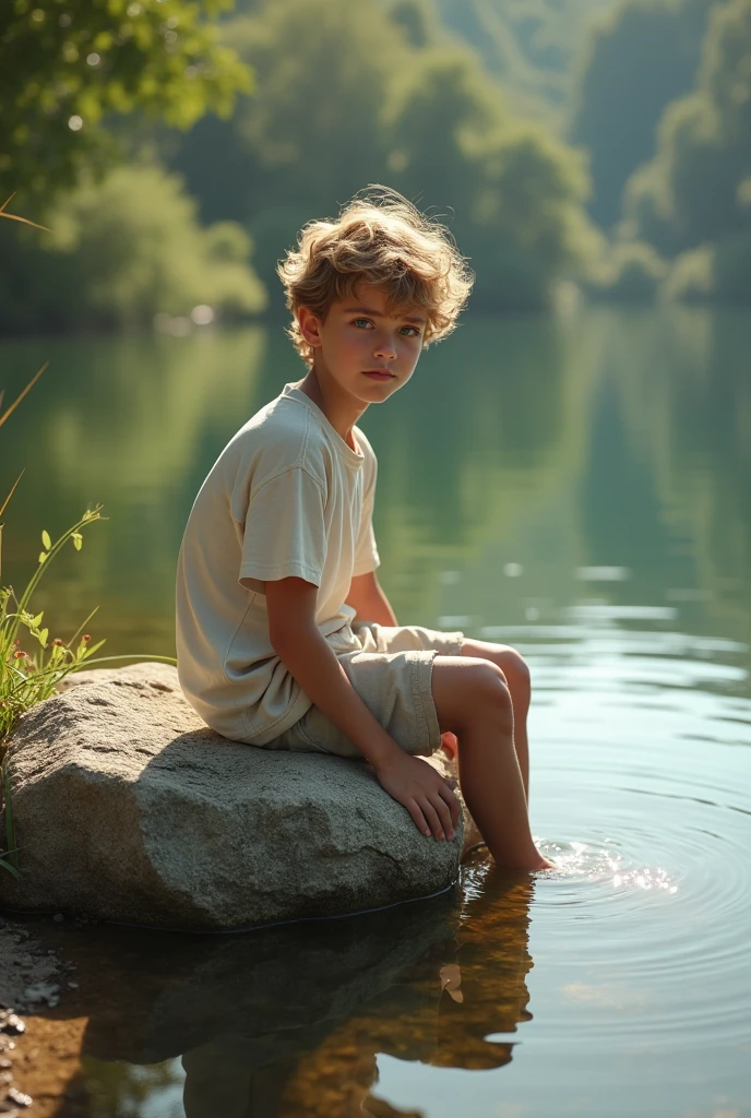 A beautiful boy of 12 twelve years old, sitting in a lake next to a rock, in light clothing, by rubio, light eyes, very beautiful, European traits, a very cute boy.