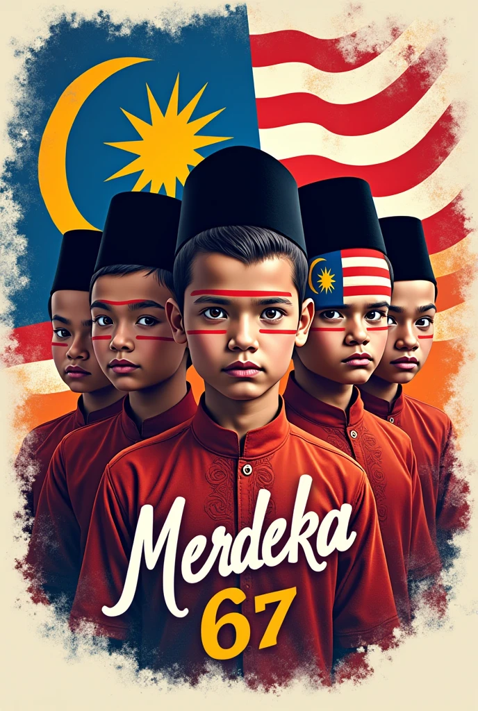 MERDEKA 67
A t-shirt design featuring a handsome kids and his friends Malay wearing kopiah and malay traditional outfits with the Malaysian flag painted on their face. The word "MERDEKA 67" is prominently displayed. The sides of the design have a distortion effect, creating a modern and dynamic look while the central image remains vibrant and clear, symbolizing national pride.
