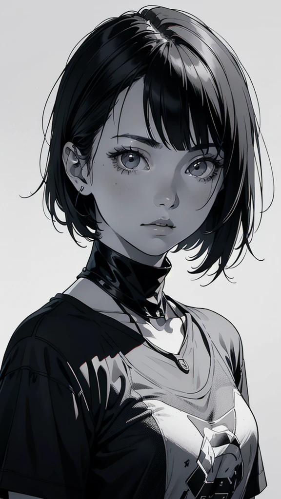 1 boyish girl, solo, sharp eyes, expressionless, monochrome, greyscale, short black hair, portrait, white T-shirt, closed mouth, looking at viewer, graphite \(medium\), detailed lips, hatching \(texture\), without makeup, bangs, upper body, (best illustration), (best quality), (very detailed), (masterpiece), expressionless,
