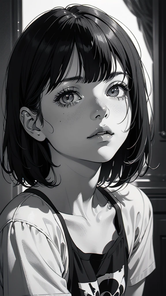 1 boyish girl, solo, sharp eyes, monochrome, greyscale, short black hair, portrait, T-shirt, closed mouth, looking at viewer, graphite \(medium\), detailed lips, hatching \(texture\), without makeup, bangs, upper body, (best illustration), (best quality), (very detailed), (masterpiece), expressionless,