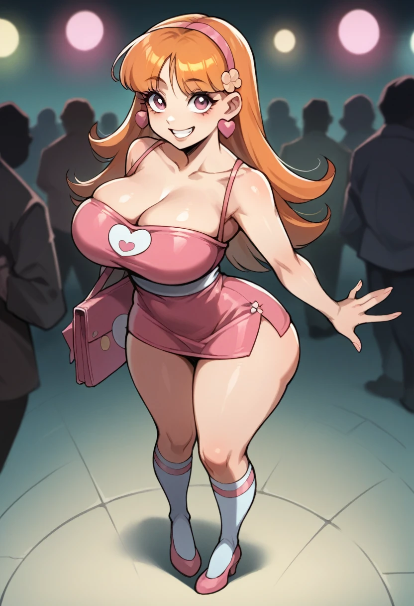 source_anime, best quality, clear face, Blossom from The Powerpuff Girls, orange hair, pink eyes, long hair, large breasts, perfect body, looking at viewer, smile, sexy The Powerpuff Girls clothes, pink mini dress, White long socks, in the city club, standing, from behind position, big ass