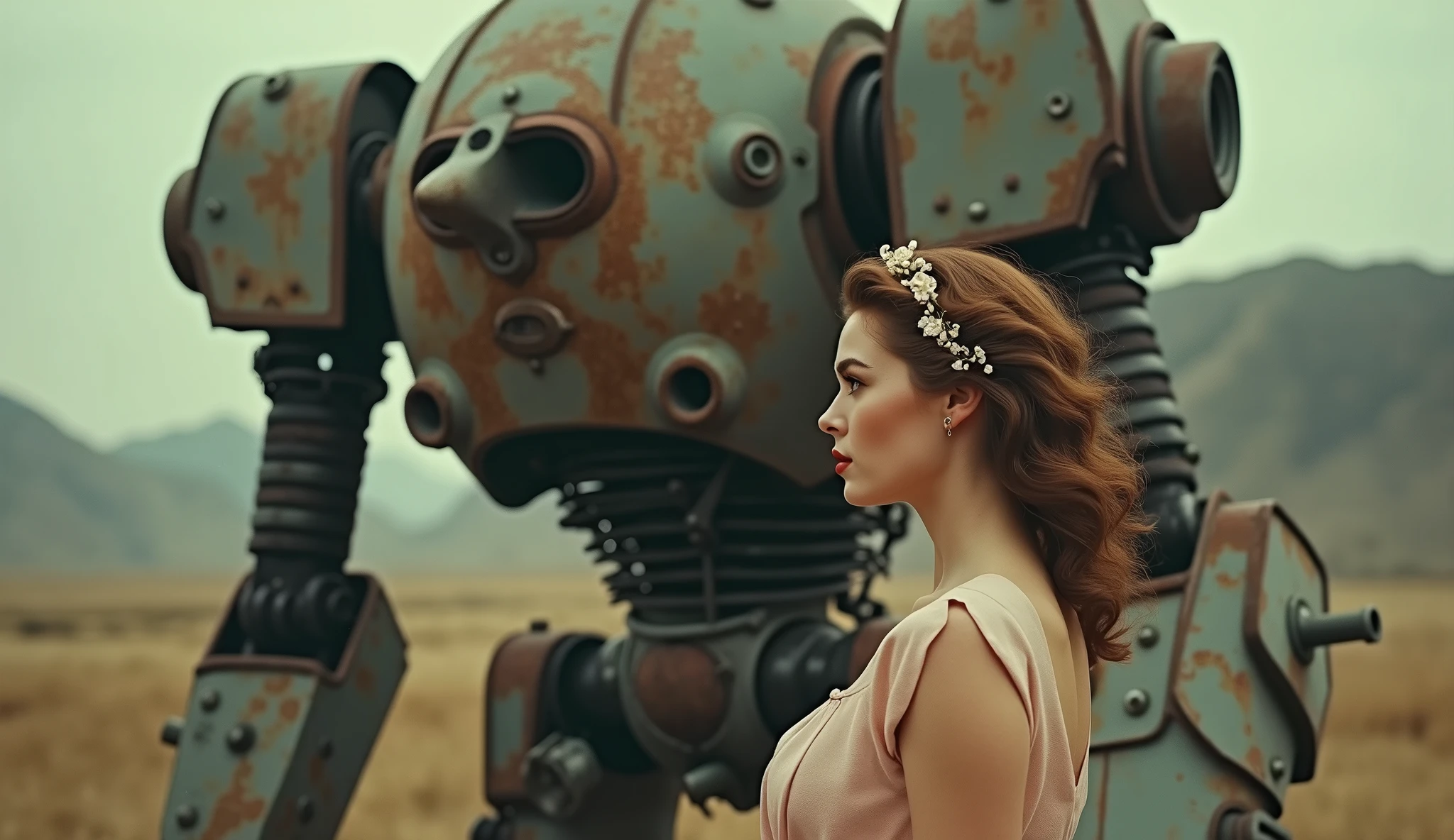 (Masterpiece.Uhd.photorealistic. Analog photography. 1950 style) The beauty and the beast in a dystopian neo retro futuristic world.The beauty is a gorgeous woman. Age 23. Wearing 1950 clothes. She’s facing the beast, a 1930 clunky and rusty giant evil war robot.