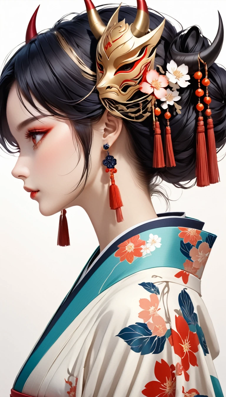 oniNFT, 1girl, solo, black hair, jewelry, earrings, mask, red eyes, japanese clothes, letterboxed, kimono, profile, mask on head, floral print, from side, horns, tassel, hair ornament