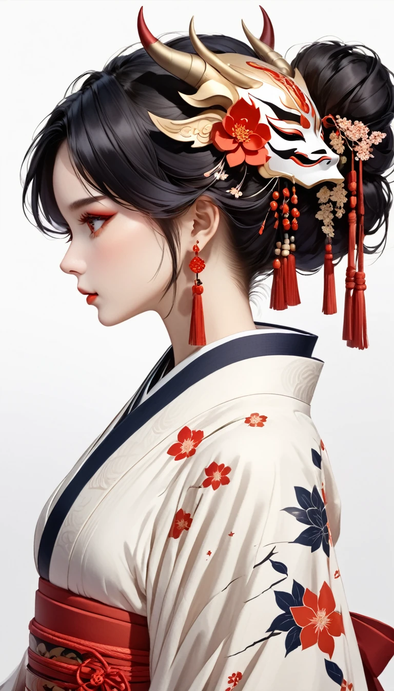 oniNFT, 1girl, solo, black hair, jewelry, earrings, mask, red eyes, japanese clothes, letterboxed, kimono, profile, mask on head, floral print, from side, horns, tassel, hair ornament