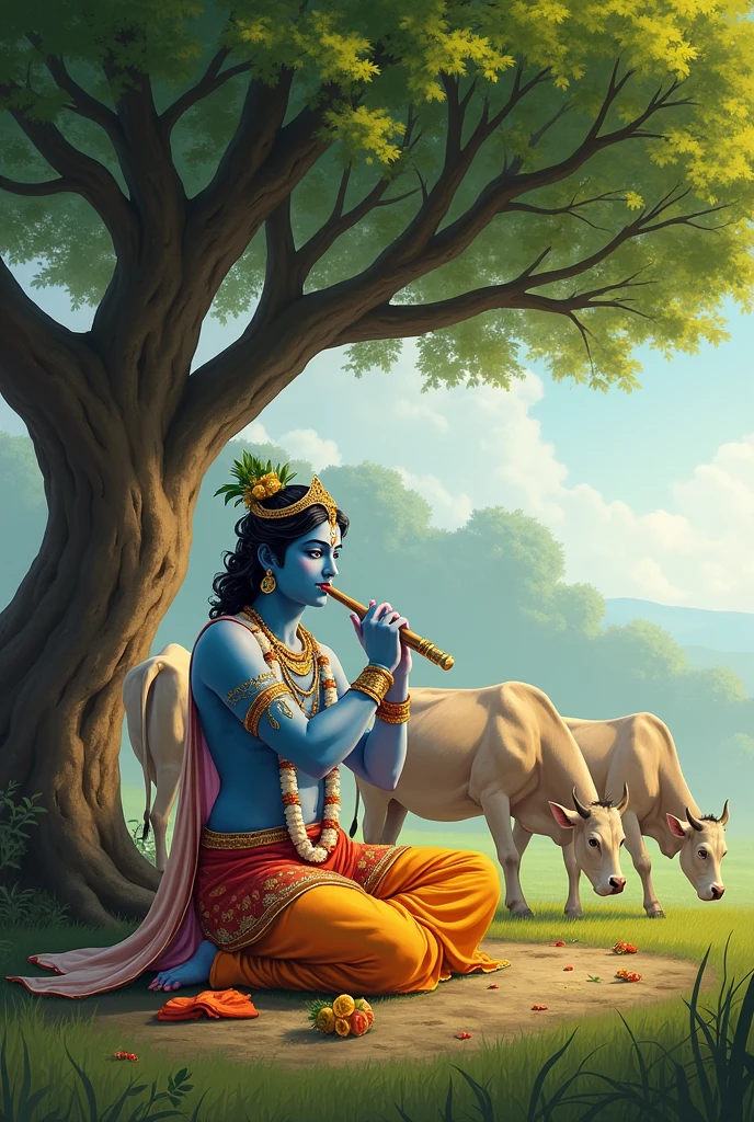 Krishna ji playing flute while sitting in the ground under the tree and 7 cows are grazing arround him.