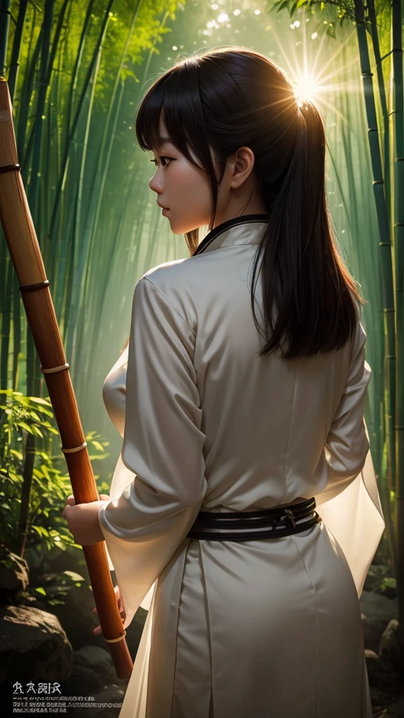 Photo quality Ultra-realistic Symmetrical composition ((looking at the camera)) stylish (((Backlit top light))) Kasumi: A magnificent Chinese bamboo forest. A beautiful woman playing the erhu.