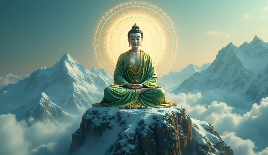 Seated Buddha Manjushri, dressed in green and gold fabrics, is on a mountain surrounded by blue and golden light 