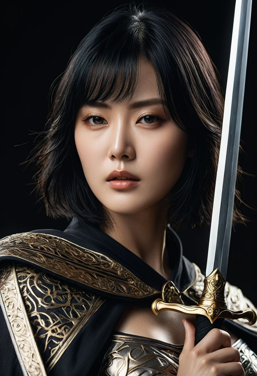 genius extremely beautiful idol lady Keiko, one-length haircut hair,  black hair, subtle makeup, golden hour, photorealistic, high contrast, 8k HD, detailed, hyper-detailed, realistic skin texture, medium breast, best quality, ultra high res, raw photo, dramatic lighting, unreal engine, diffuse glow  intricate silver eaba, white imperial cape, spear, sword, no helm,  intricate details High Quality, 8k, Realistic, Ultra-Detailed, Dramatic Lighting, Soft Focus, Digital Illustration, Intense Expression, Strong Gaze, Intense Emotion, Complex Mechanics, Advanced Technology, Dark Background, Cinematic, High Contrast, Moody, Strict, Atmosphere, (Best Quality, 4k, 8k, High Definition, Masterpiece: 1. 2 ), ultra-detailed, (realistic, graphic, photorealistic:1.37) --no glass