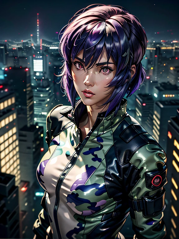 Ghost in the Shell, Motoko Kusanagi, Purple short bob cut, Hair between the eyes, Slightly asymmetrical bangs, ((Optical Camouflage Suit, Optical camouflage suit from the neck down)), Jump up into the sky, view From above, The background is Tokyo's buildings at night, Reflective and shiny, ((Night Scenery)), Lots of window lights, Glitching, glitch, ((masterpiece, best quality, high resolution))