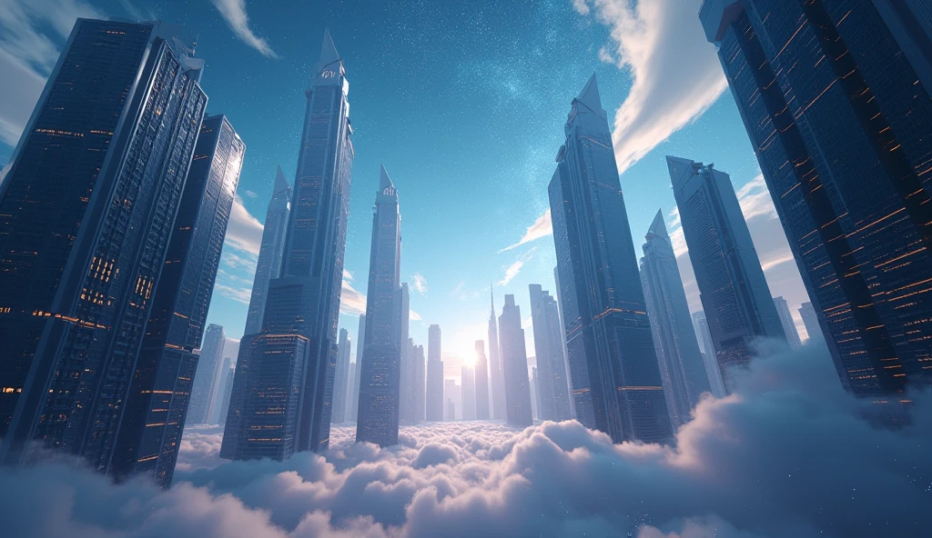 Star-filled sky, Fusion with a futuristic cyber city, Skyscrapers and clouds become one, Fantasy, The magnificent beauty of the future. Attention to detail. Cinematic, masterpiece.