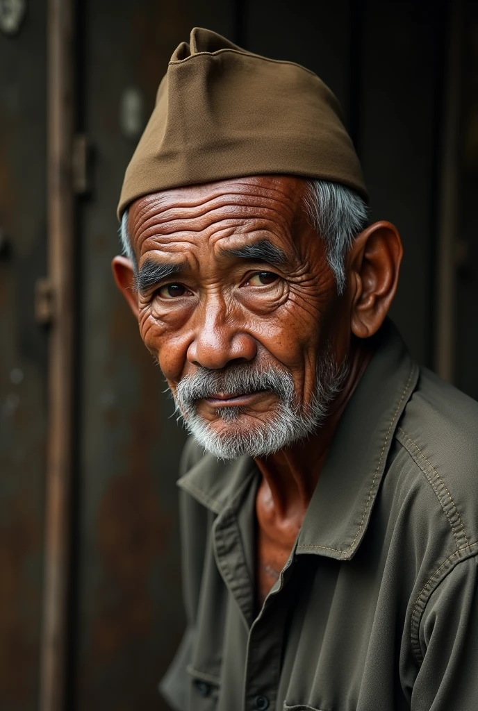 movie poster style, side view shot, closeup potrait of an old malay man wearing shabby cloths and brown kufiah, facing camera, sadly, profesional photo, very realistic, very detailed, super ultra fidelity photo, studio wooden background