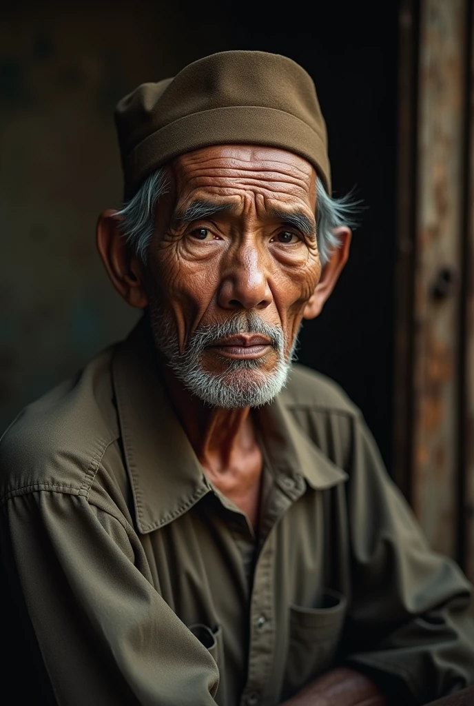 movie poster style, side view shot, closeup potrait of an old malay man wearing shabby cloths and brown kufiah, facing camera, sadly, profesional photo, very realistic, very detailed, super ultra fidelity photo, studio wooden background