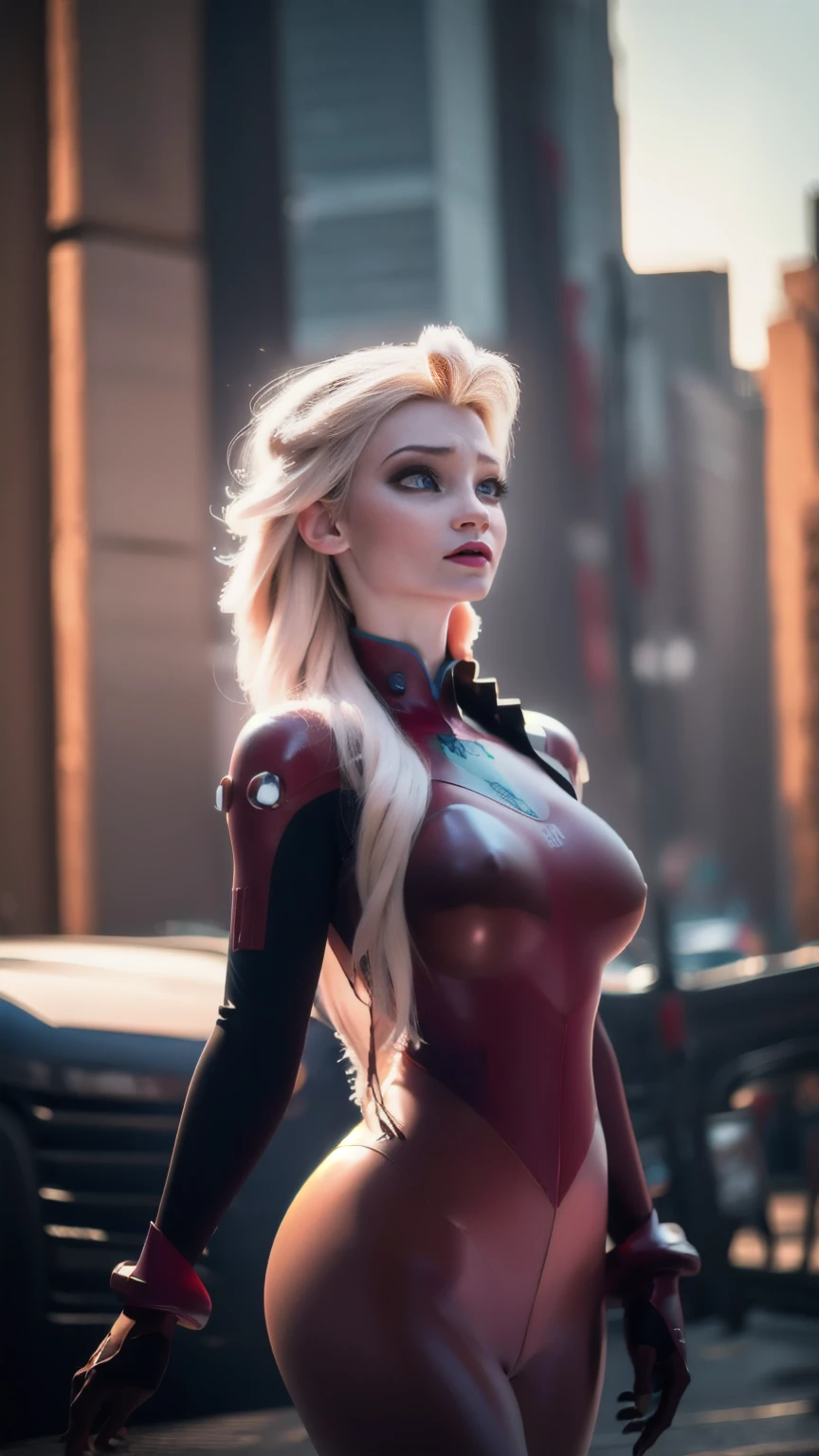 a beautiful woman, Elsa from "Frozen" in an evangelion plug suit, long platinum blonde hair, blue eyes, various spell casting poses, (wide angle shot:1.32), frozen over cityscape in the background, highly detailed, photorealistic, 8k, (best quality,4k,8k,highres,masterpiece:1.2),ultra-detailed,(realistic,photorealistic,photo-realistic:1.37),HDR,UHD,studio lighting,extremely detailed,vivid colors,dramatic colors, sysdeep_elsa, an14, no bra