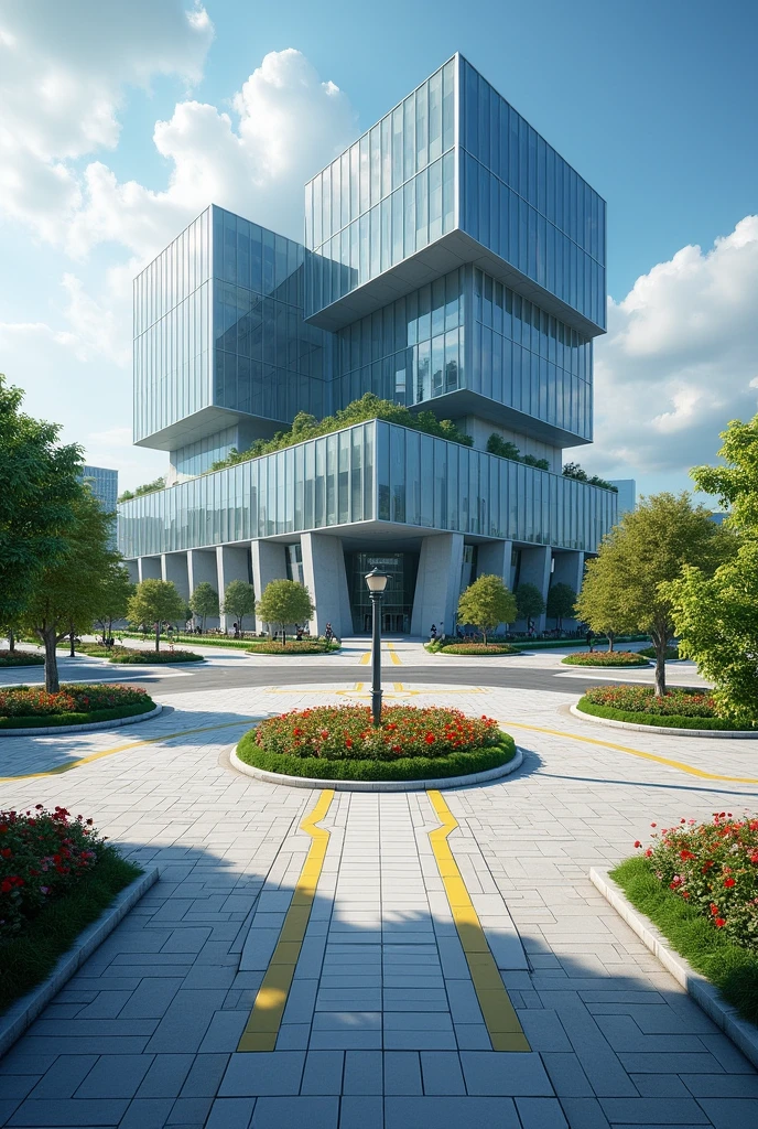 Irregular road crossing, east and west direction with flowerbed in the center of the street with small trees and lighting, north and south direction on the corner there is a contemporary style city hall building, glass facade and elevation on stilts. Flower garden and benches to sit on