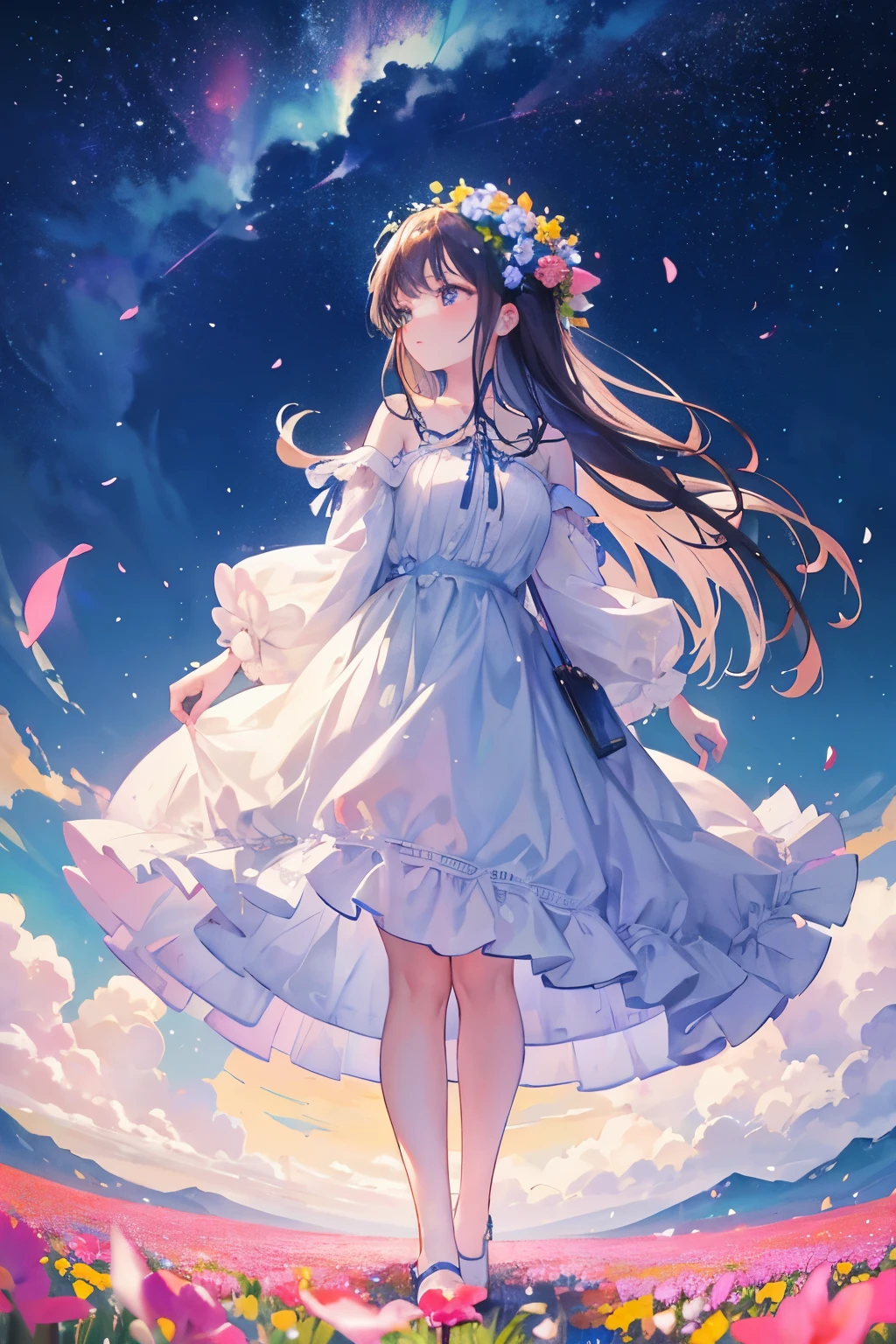 There is a girl standing in a flower field looking up at the sky, a girl standing in a flower field, a girl walking in a flower field, lost in a dreamy wonderland, standing in a flower field, fantastic digital painting, the sky gradually clears, the starry sky gradually recedes