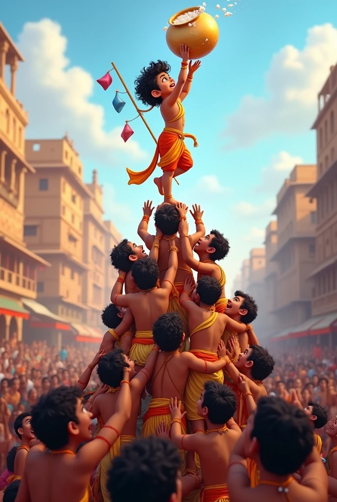 Cute krishna dahi handi with his friends..view from a distance..many people around to see..and krishna on the top..krishna is breaking the handi