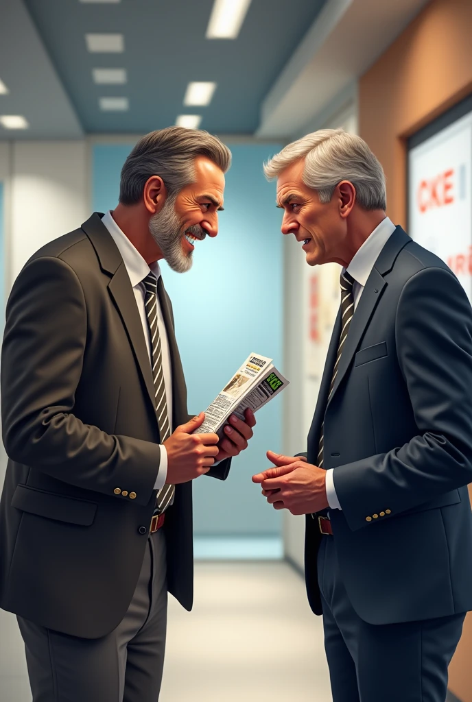 A man with an advertising flyer in his hand complaining to a salesman in the face