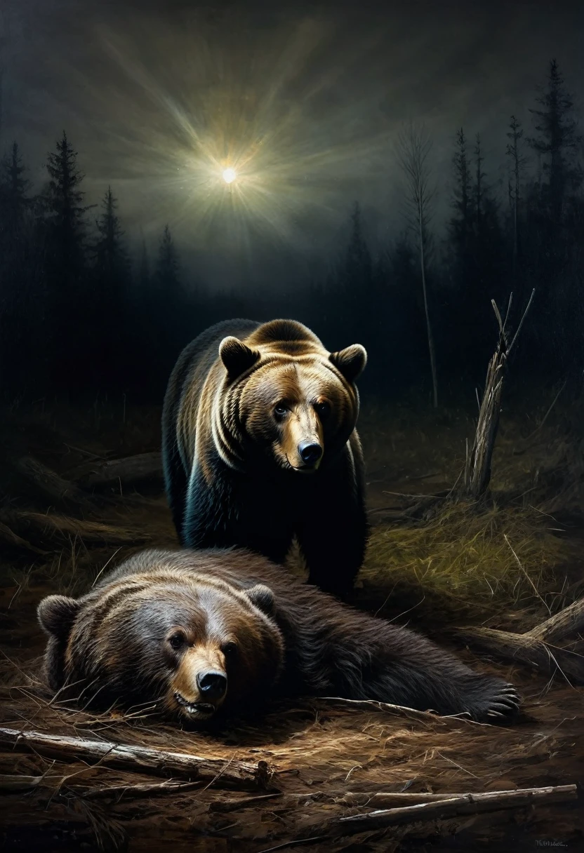 painting of a a bear lies in a clearing, next to the carcass of a dead animal, dark atmosphere, cinematic scene, volumetric lights, ultra realistic, in the style of nicola samori
