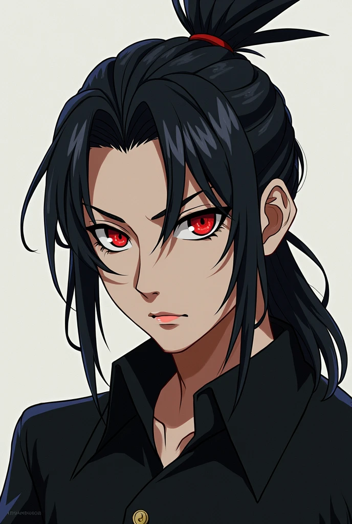 man,high, long hair like suguru geto tied up, clear skin, SERIOUS LOOK,Red eyes, black shirt,anime